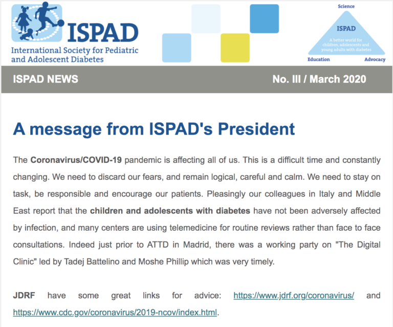 A message from ISPAD's President regarding COVID-19 for Children and Young People