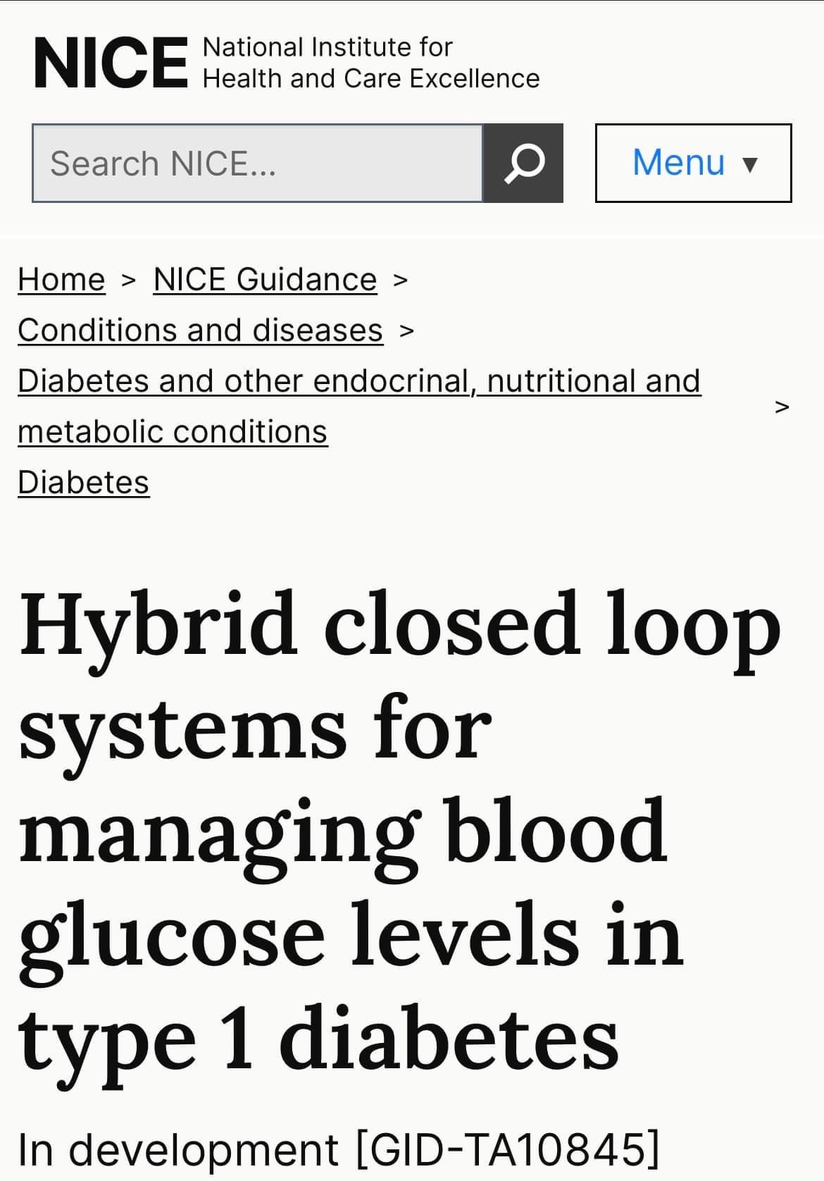 National Institute for Health and Care Excellence (NICE) publishes their draft for public consultation on  Closed Loops in Type 1 Diabetes